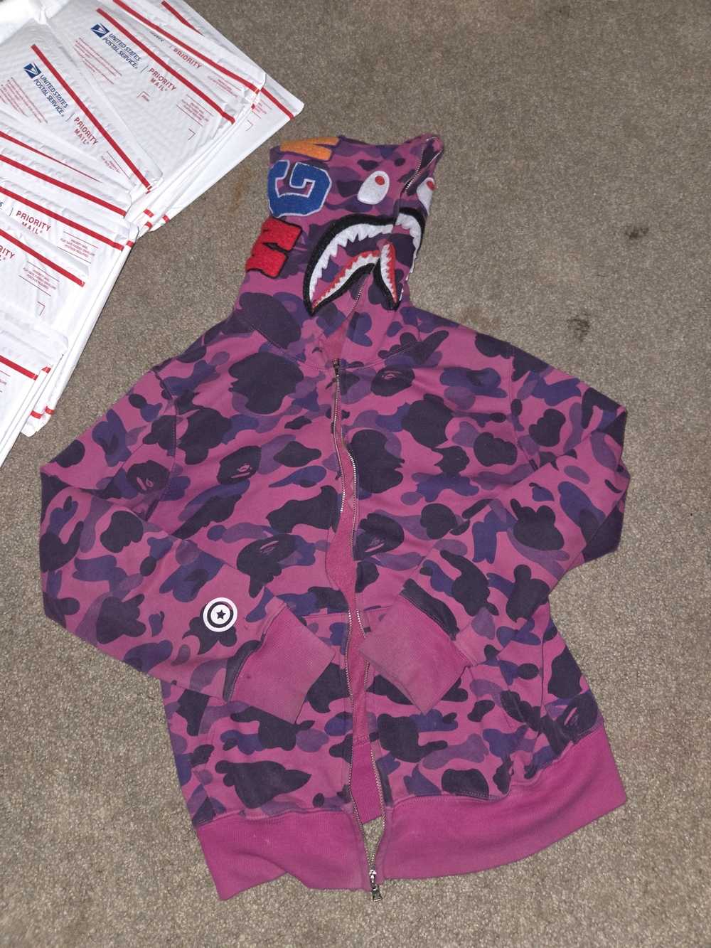 Kids Pink & Purple Camo Zip Hoodie with Shark Face Hood